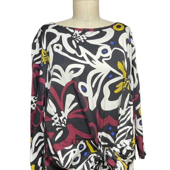 Eloquii Tie Front Kimono Sleeve Dress Black‎ Burgundy Floral Plus Size 16 - Picture 3 of 12